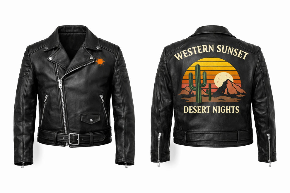 Men's Print Jackets\MP013 Western Sunset Desert Nights Retro Leather Biker Jacket - Vintage Cactus Design