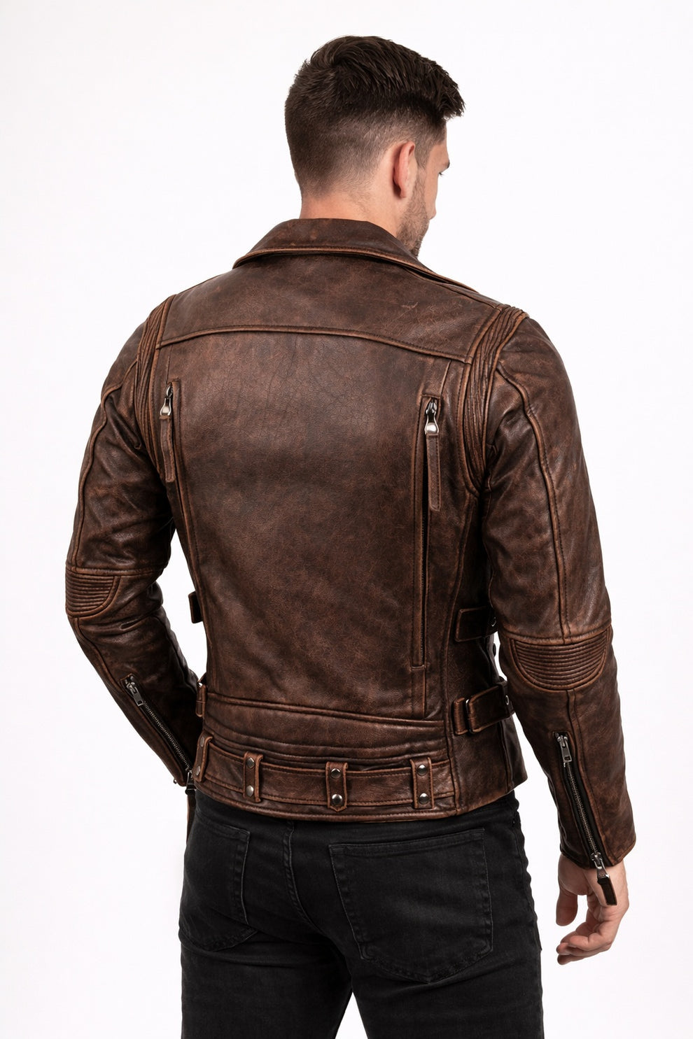 Men Army Style Brown Vintage Motorcycle Real Leather Biker Classic Jacket
