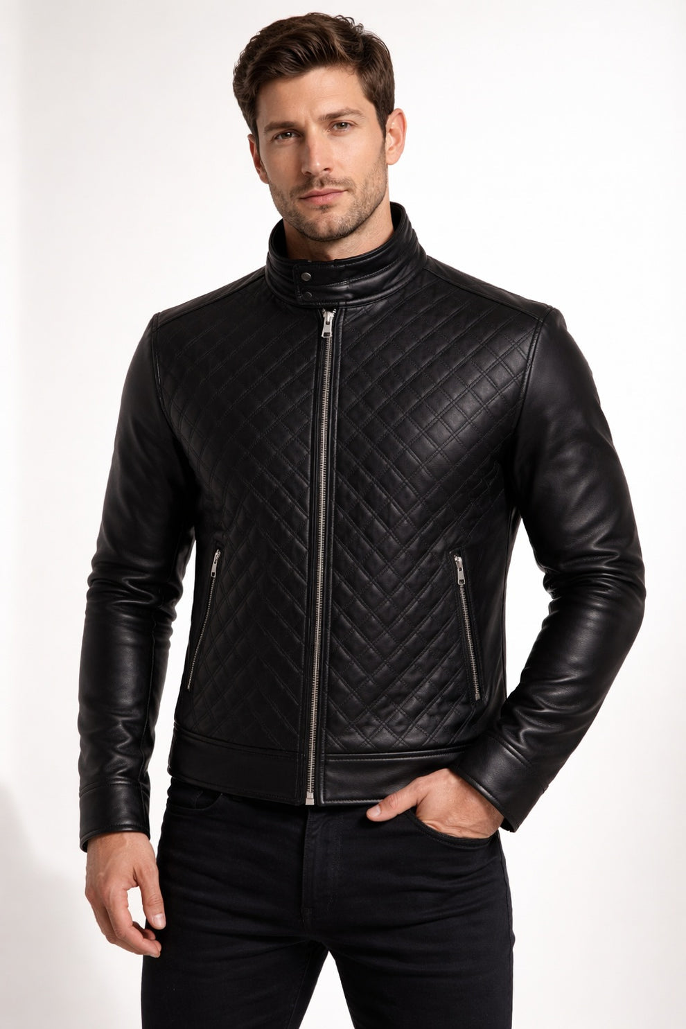 Quilted Black Fashion Cafe Racer Real Leather Jacket For Men
