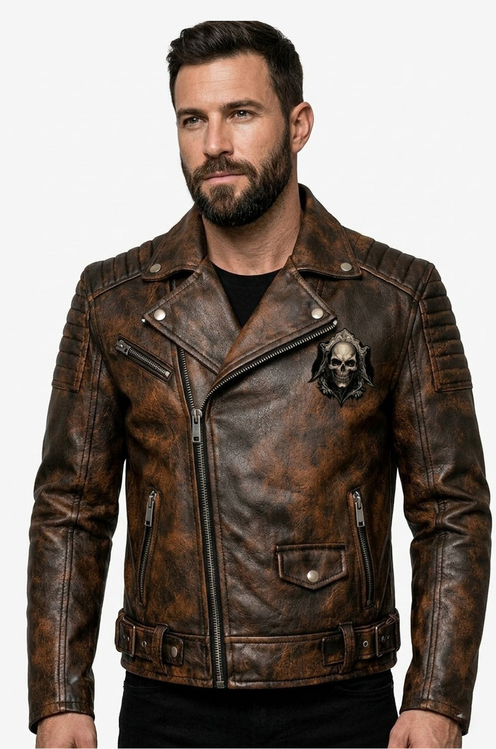 Men's Print Jackets MP002 Death Rider Vintage Leather Jacket - Skull & Smoke Biker Design
