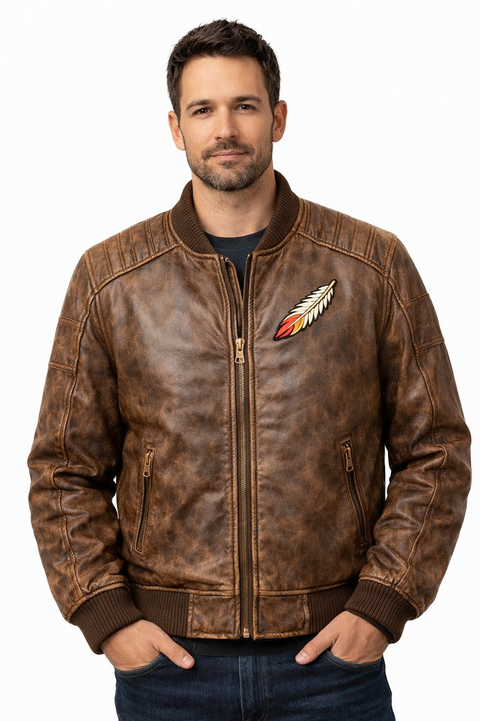 Men's Print Jackets MP009 Born Free Eagle Vintage Leather Bomber Jacket - Patriotic Bald Eagle Flight Jacket