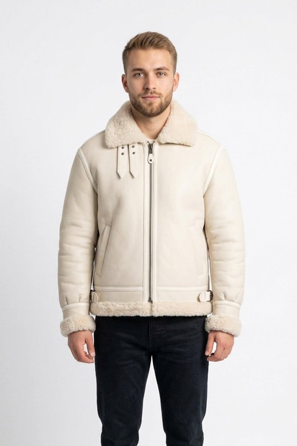 Aviator Jackets\B028 Men Real Leather Fur Shearling Jacket White