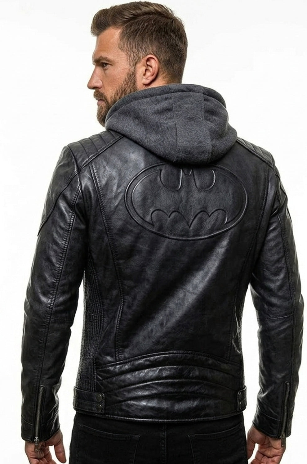 Men's Movies Jackets\MMJ13 The Dark Knight Hooded Gotham Outlaw Batman Justice League Leather Jacket For Men