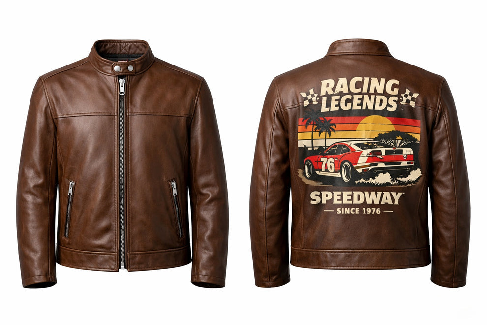 Men's Print Jackets\MP003 Racing Legends Speedway Vintage Leather Jacket - Retro Muscle Car Design