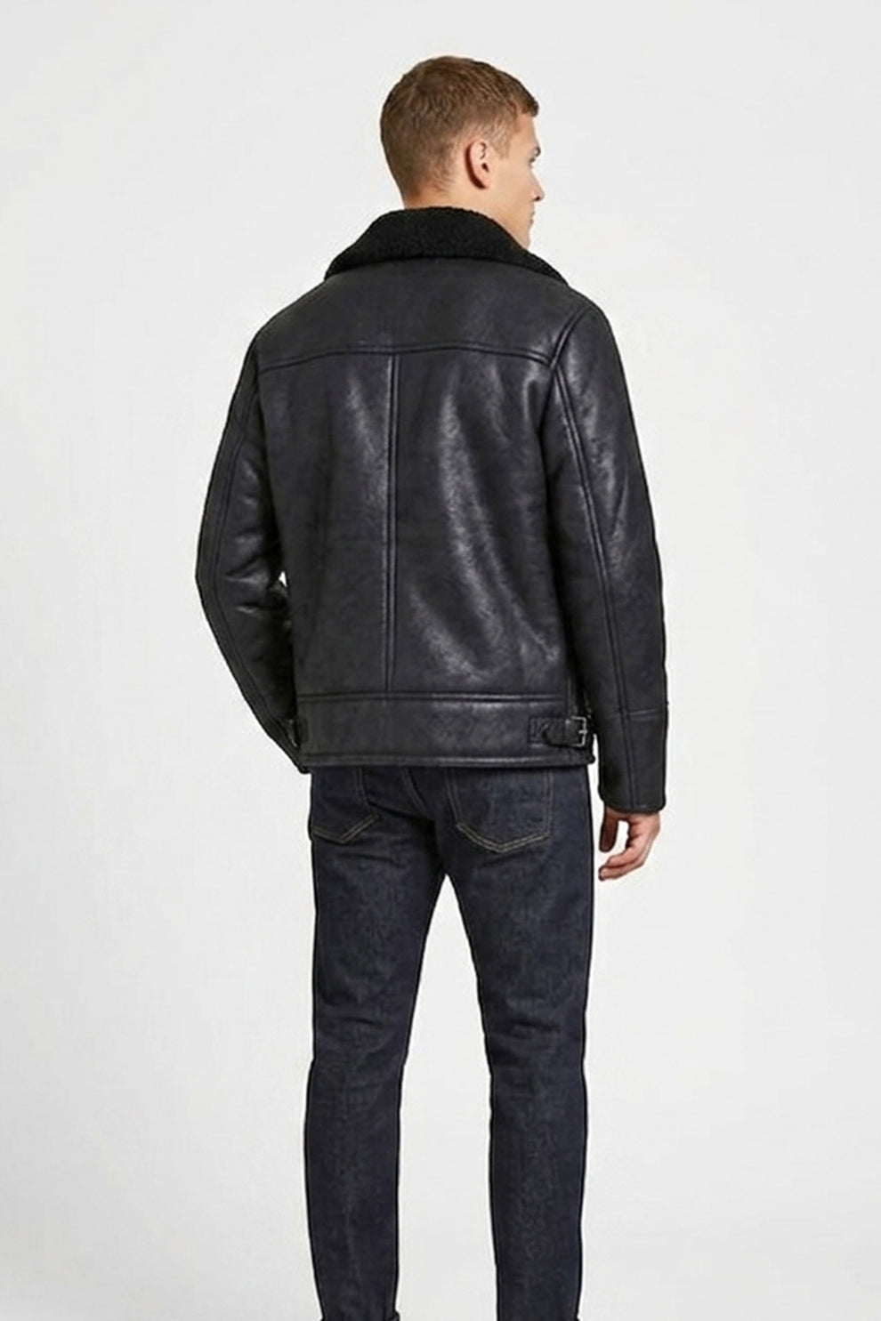 Aviator Jackets\B030 Men Real Leather Aviator Jacket Black Sheep shearling Fur Collar