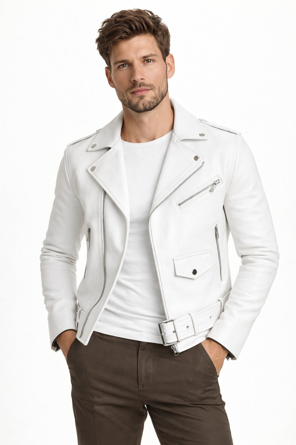 New Mens Real Classic Leather Cross Zipper Jacket