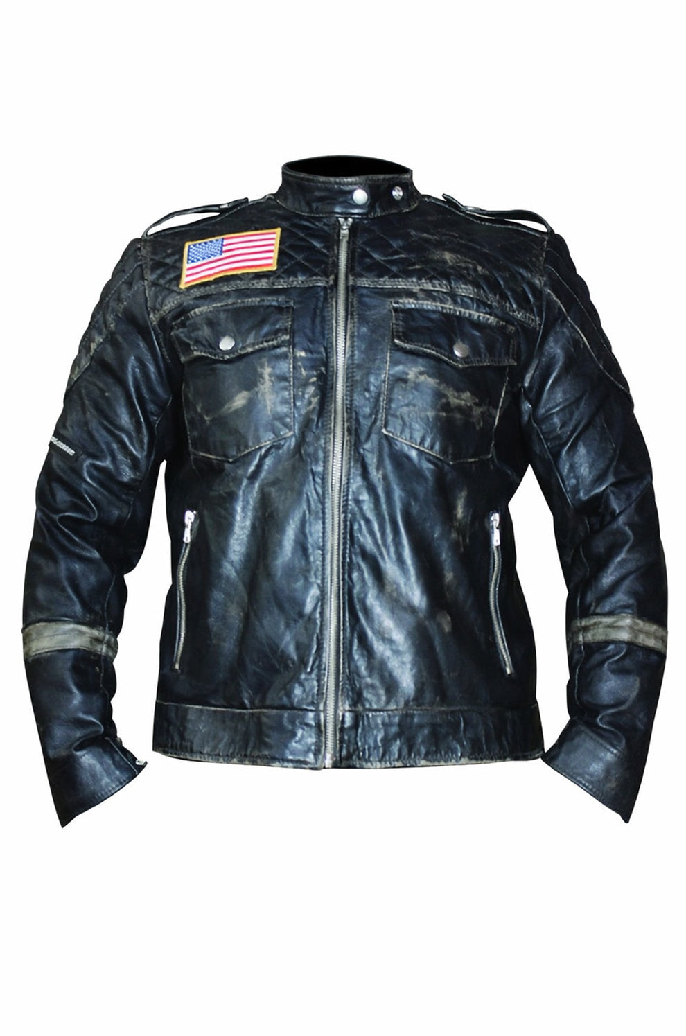 New US Flag Black Vintage Distressed Moto Retro Jacket