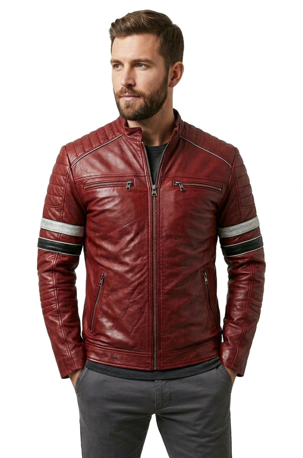 Red Bomber Biker Real Leather Men's Stylish Motorcycle Jacket