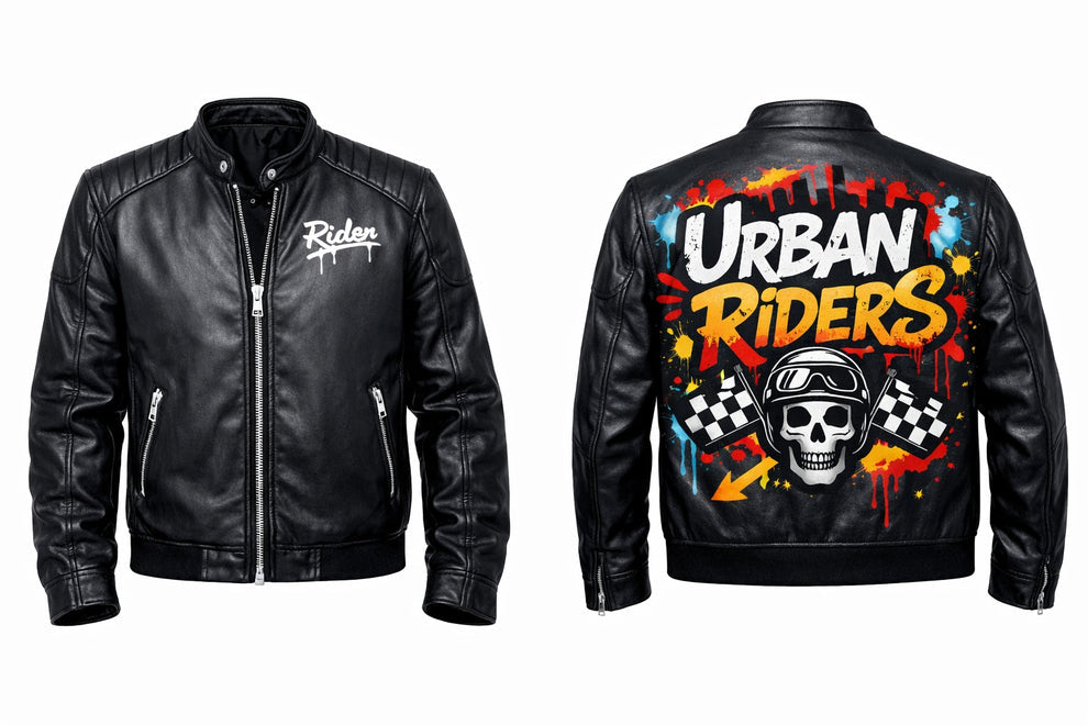 Men's Print Jackets\MP014 Urban Riders Graffiti Skull Leather Jacket - Street Art Bomber Style