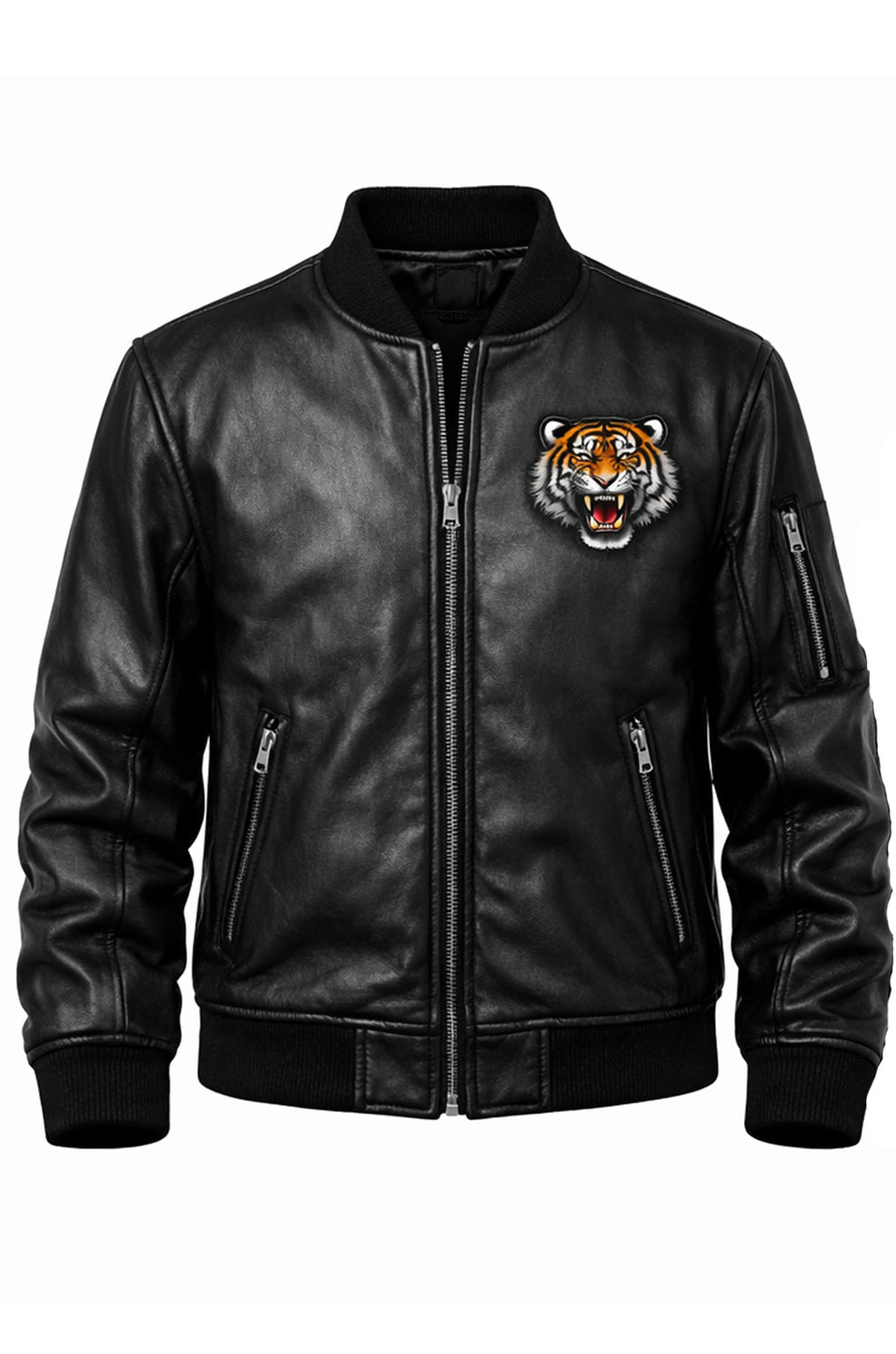 Men's Print Jackets\MP010 Unleash Your Fury Tiger Leather Bomber Jacket - Men's Aggressive Graphic Flight Jacket