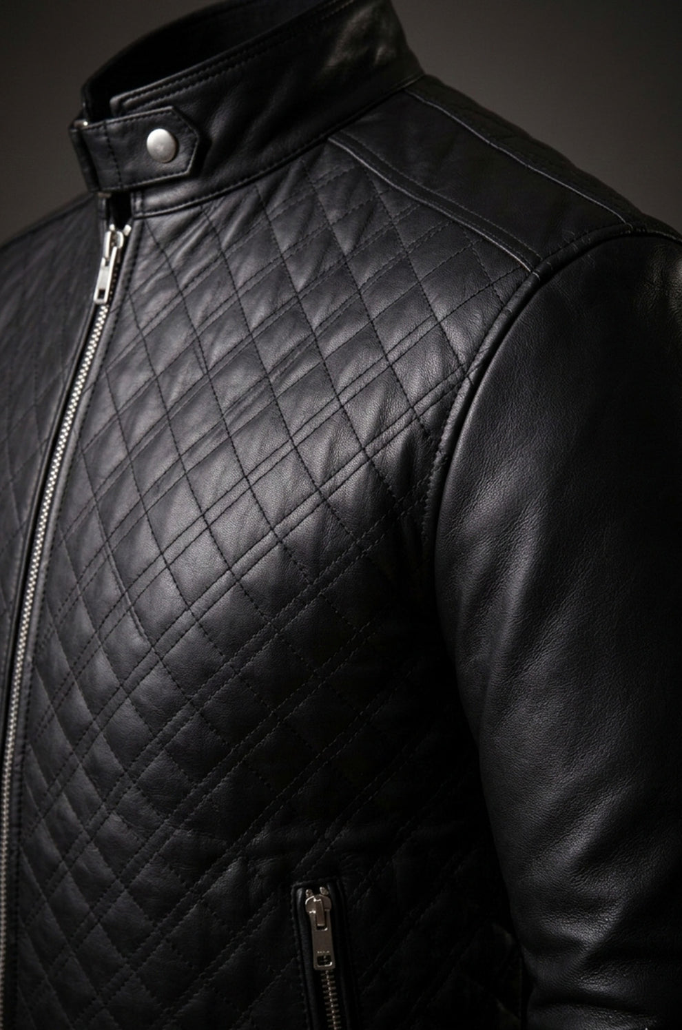 Quilted Black Fashion Cafe Racer Real Leather Jacket For Men