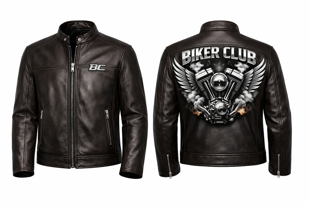 Men's Print Jackets\MP012 Biker Club V-Twin Engine Leather Jacket - Winged Motor Graphic Cafe Racer
