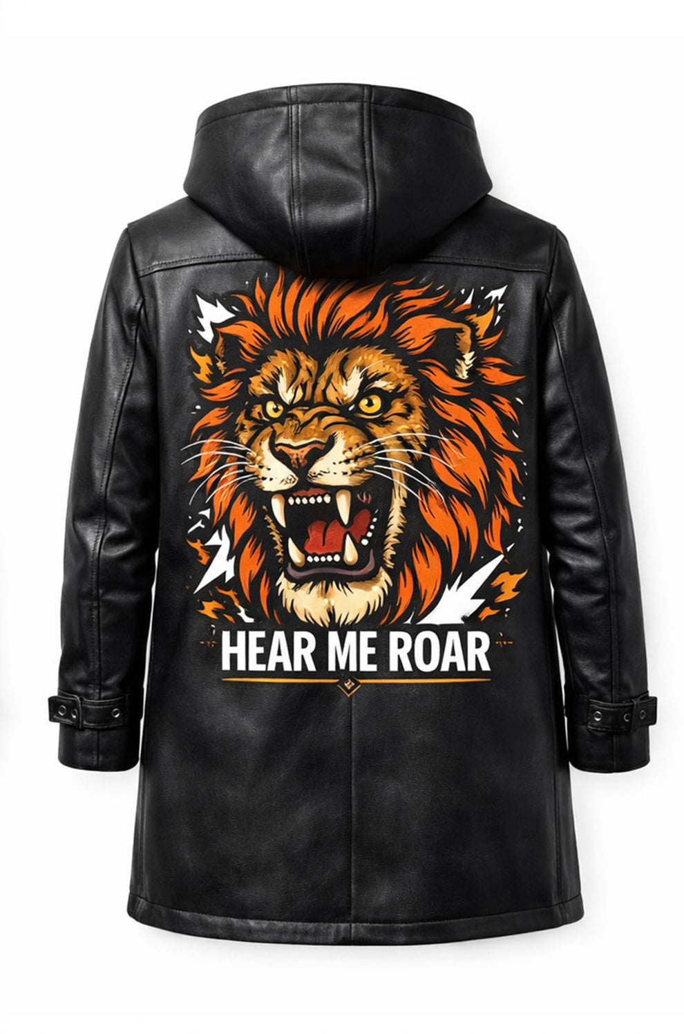 Men's Print Jackets\MP008 Hear Me Roar Lion Graphic Hooded Leather Coat - Men's Long Black Trench Jacket