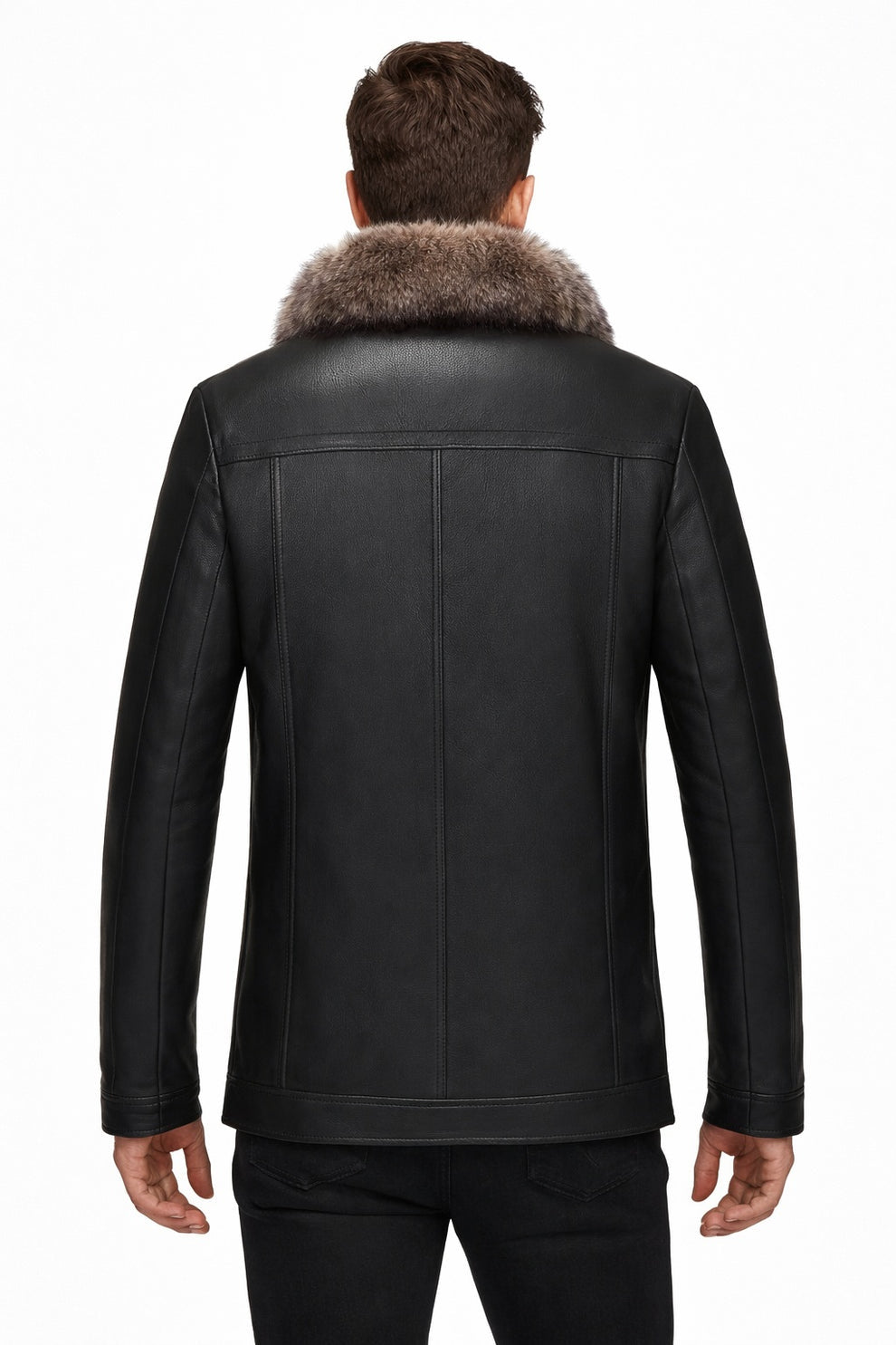 MFCO8 Men New Aviator Real Leather Removable Fox Fur Collar Coat Black Jacket