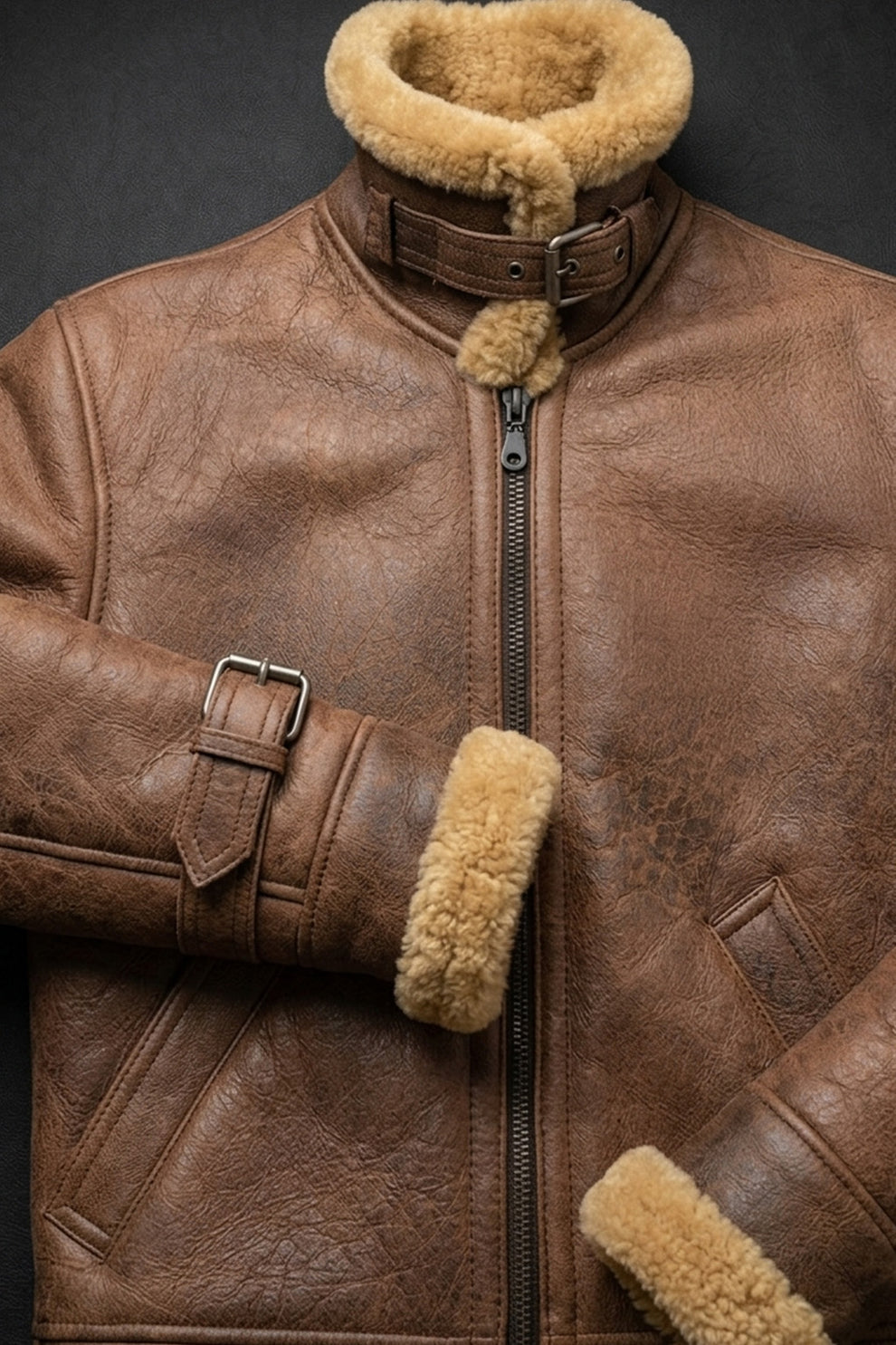 B002 RAF B3 Brown Shearling Fur Coat WWII Army Bomber Winter Ruff Buff Real Leather Jacket For Men
