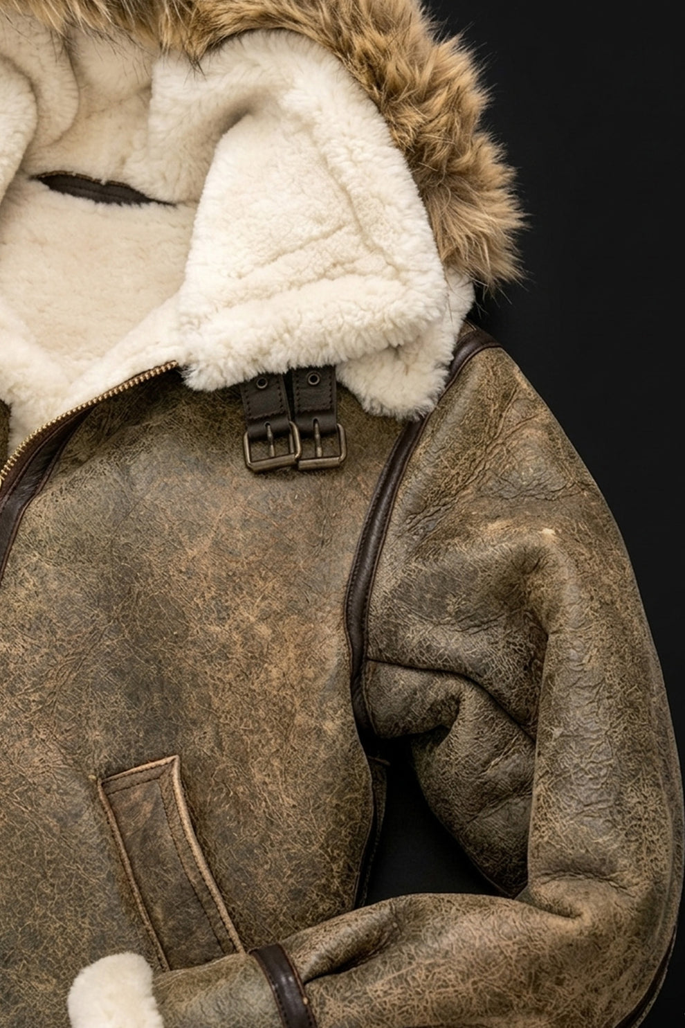 Aviator Jackets\B014 RAF B3 Detachable Hood Aviator Winter Khaki Men's Jacket