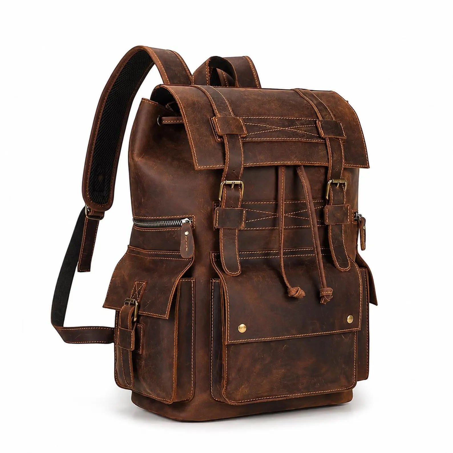 Large Handmade Crazy Horse Leather Backpack, Vintage Rucksack Travel Bag