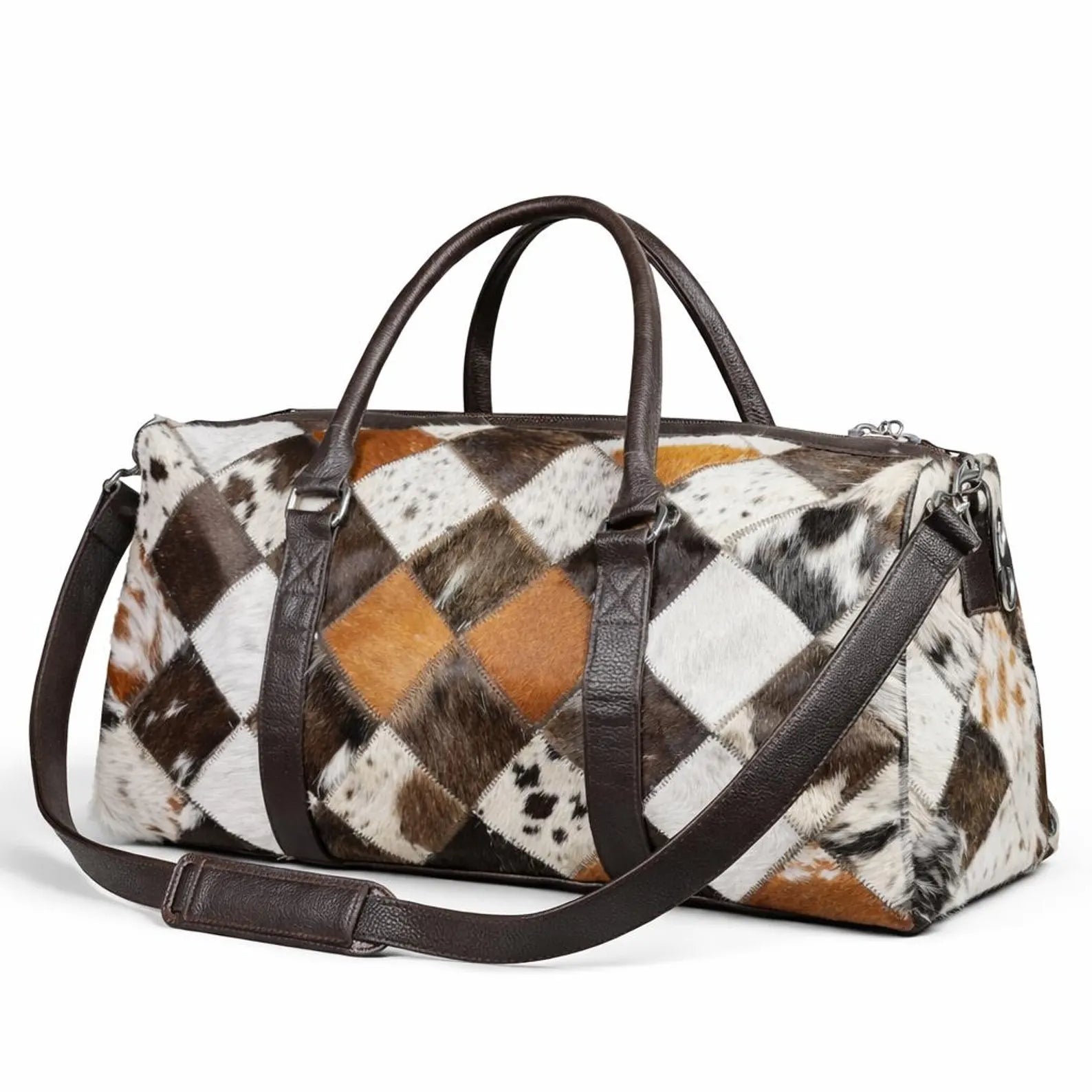 Handmade Cowhide Patchwork Duffle Bag Western Style Leather Travel Bag1