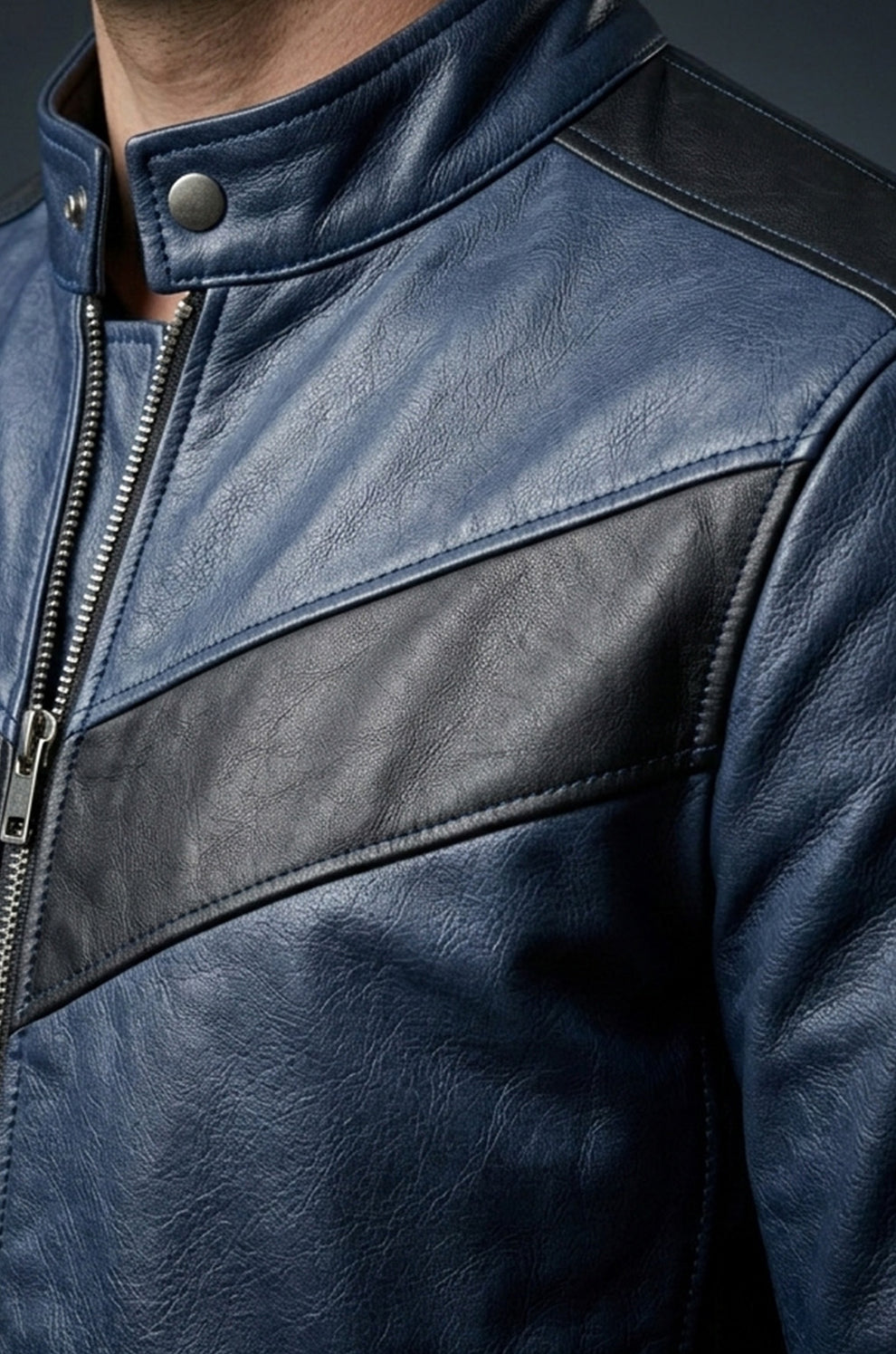 Navy Blue Motorcycle Leather Style Classic Men's Genuine Biker Jacket