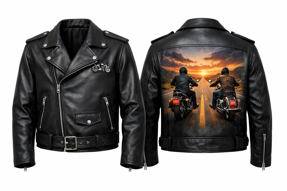 Men's Print Jackets\MP004 Sunset Riders Brotherhood Leather Jacket - Two Bikers Riding Into Sunset Design
