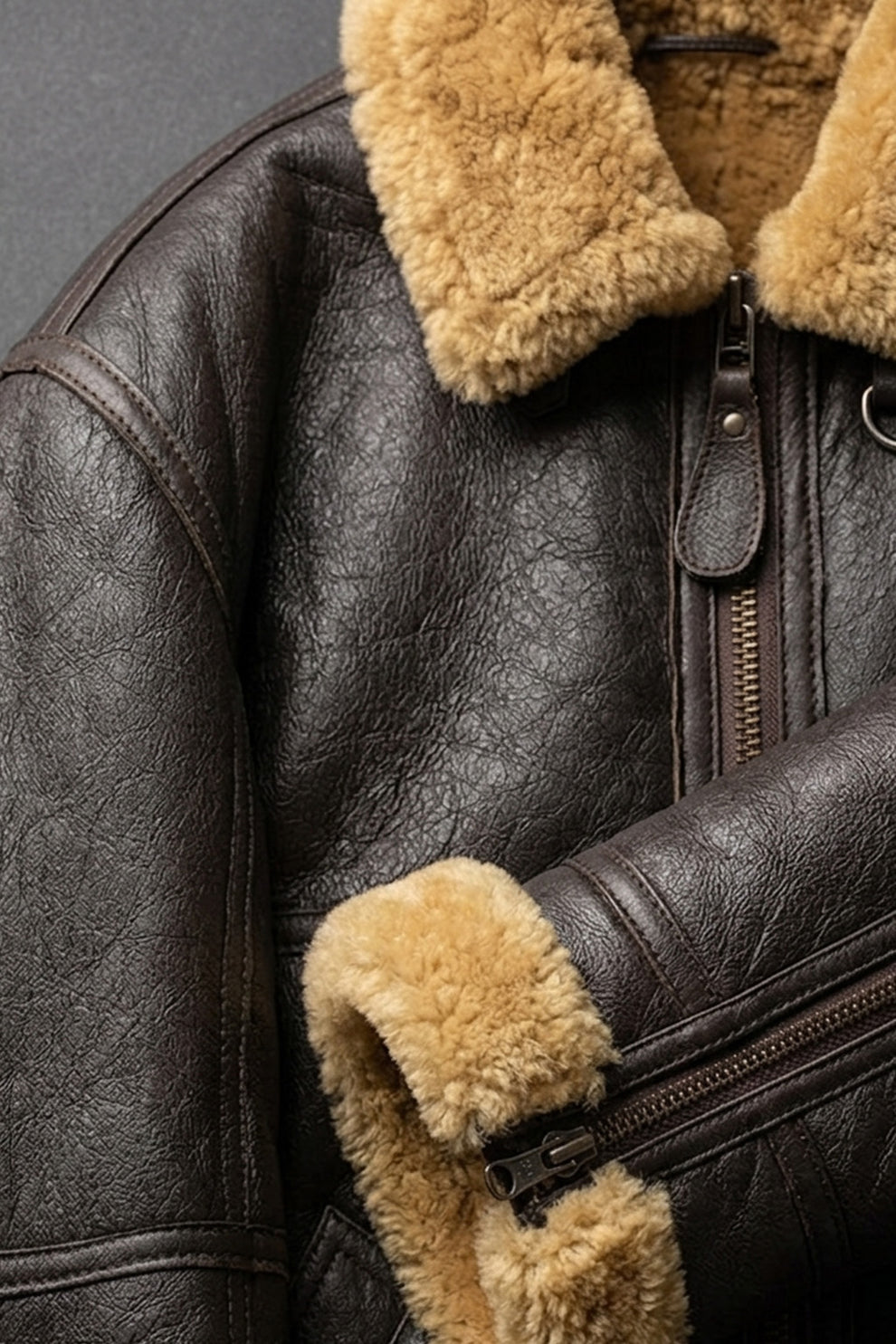 Aviator Jackets\B029 Men Real Leather Aviator Jacket with Fur Collar and Belted Waist