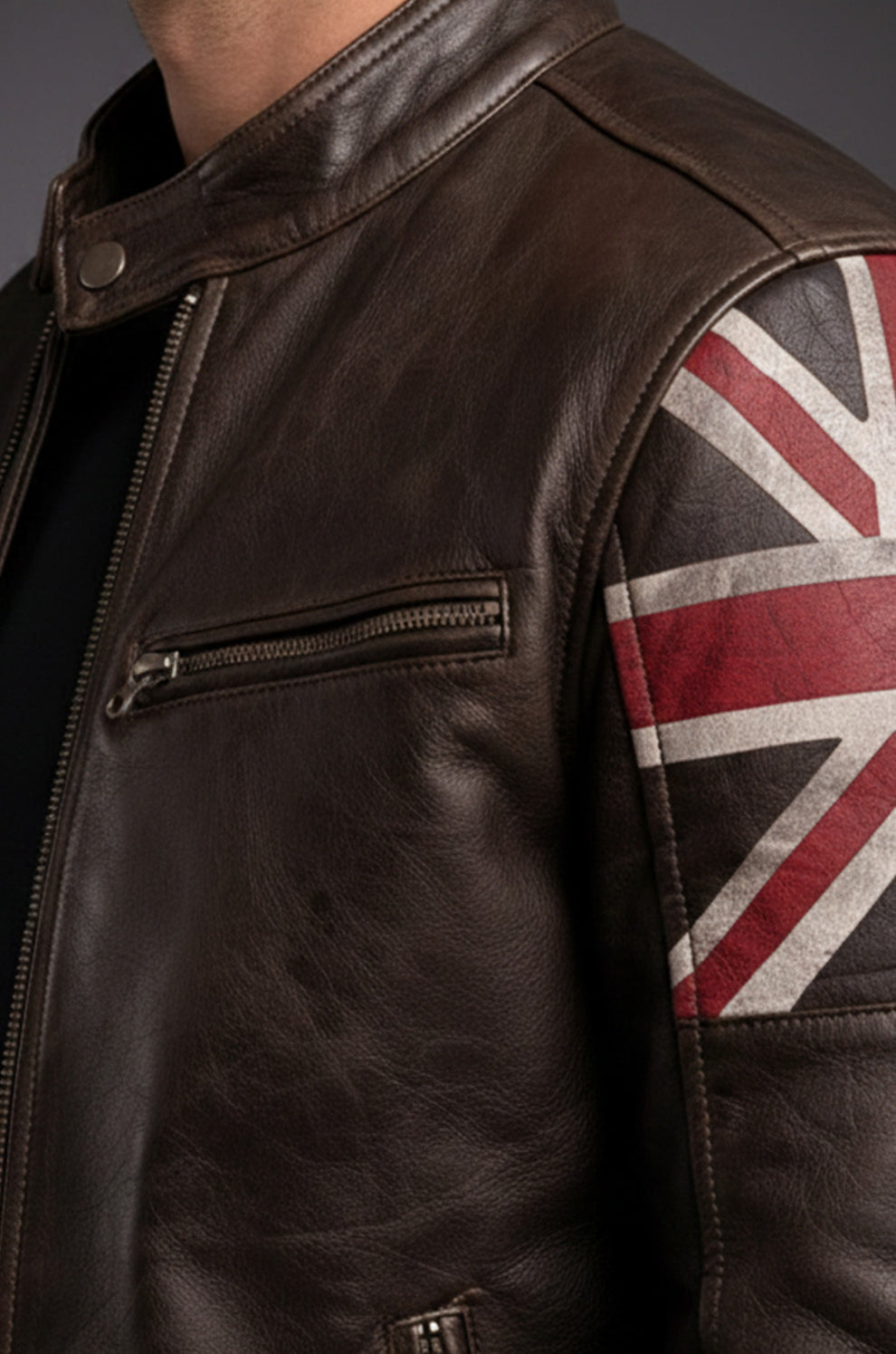 UK Flag Cafe Racer Stylish Brown Biker Vintage Men's Jacket