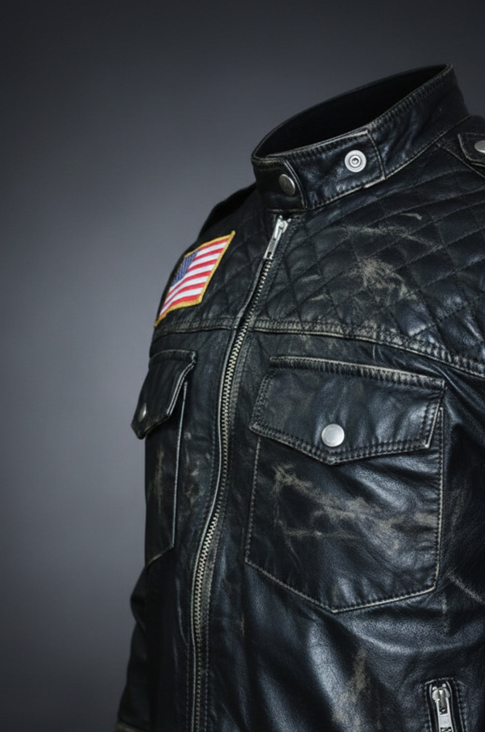 New US Flag Black Vintage Distressed Moto Retro Jacket