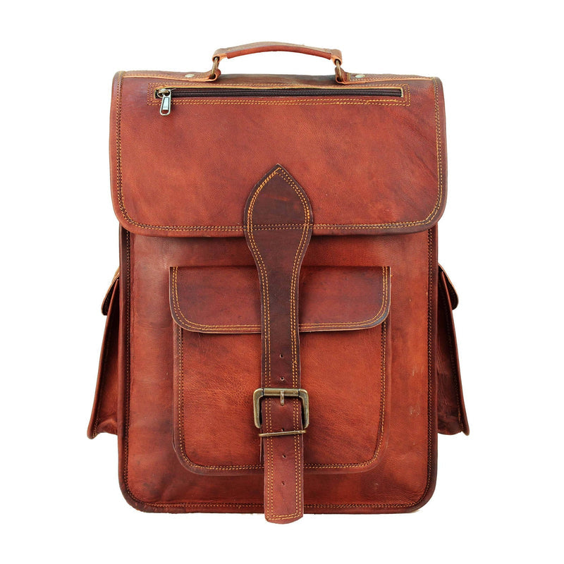 Vintage Brown Leather Backpack Front View
