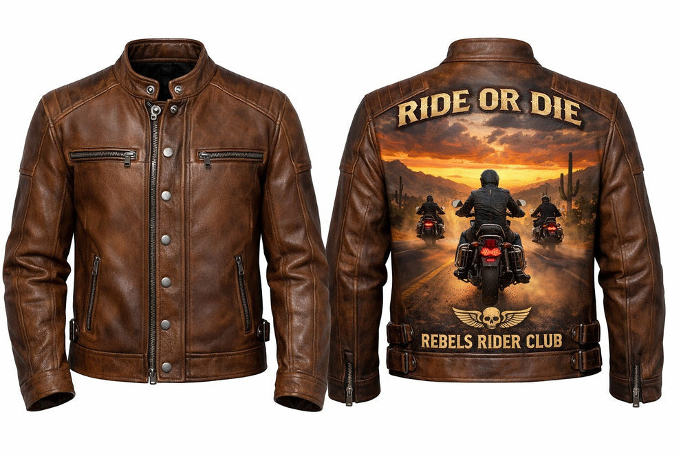 Men's Print Jackets\MP005 Ride or Die Rebels Rider Club Leather Jacket - Desert Brotherhood Biker Design