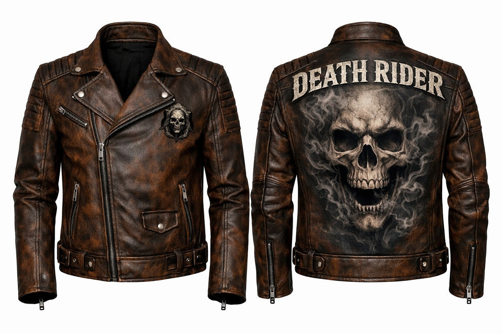 Men's Print Jackets MP002 Death Rider Vintage Leather Jacket - Skull & Smoke Biker Design