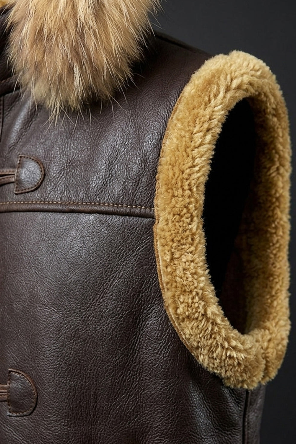Aviator Jackets\B017 RAF Fur Shearling Brown Hood Genuine Leather Jacket Men's Winter Fashion Vest
