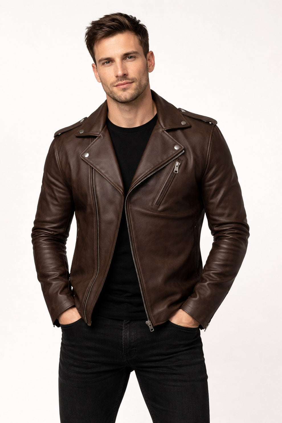 Men New Classic Army Style Real Leather Biker Casual Jacket Brown