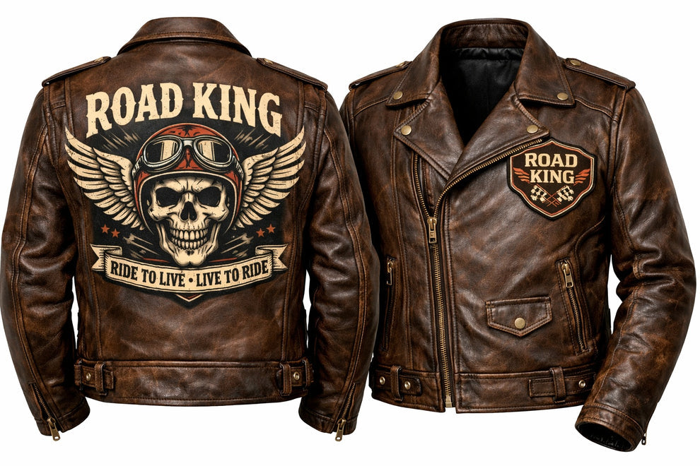 Men's Print Jackets\MP007 Road King Vintage Leather Jacket - Winged Skull & Ride to Live Biker Design