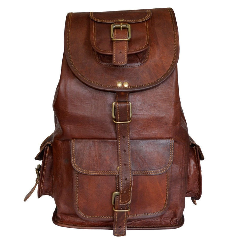 Vintage Dark Brown Leather Backpack Front View