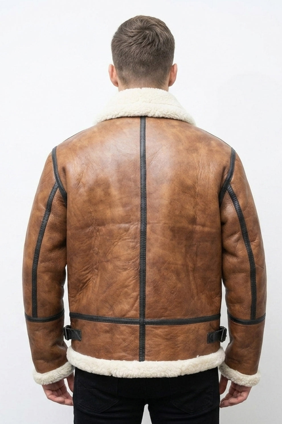 Aviator Jackets\B023 Men's Fashion Fur Shearling Brown Bomber Winter Warm Real Leather Jacket