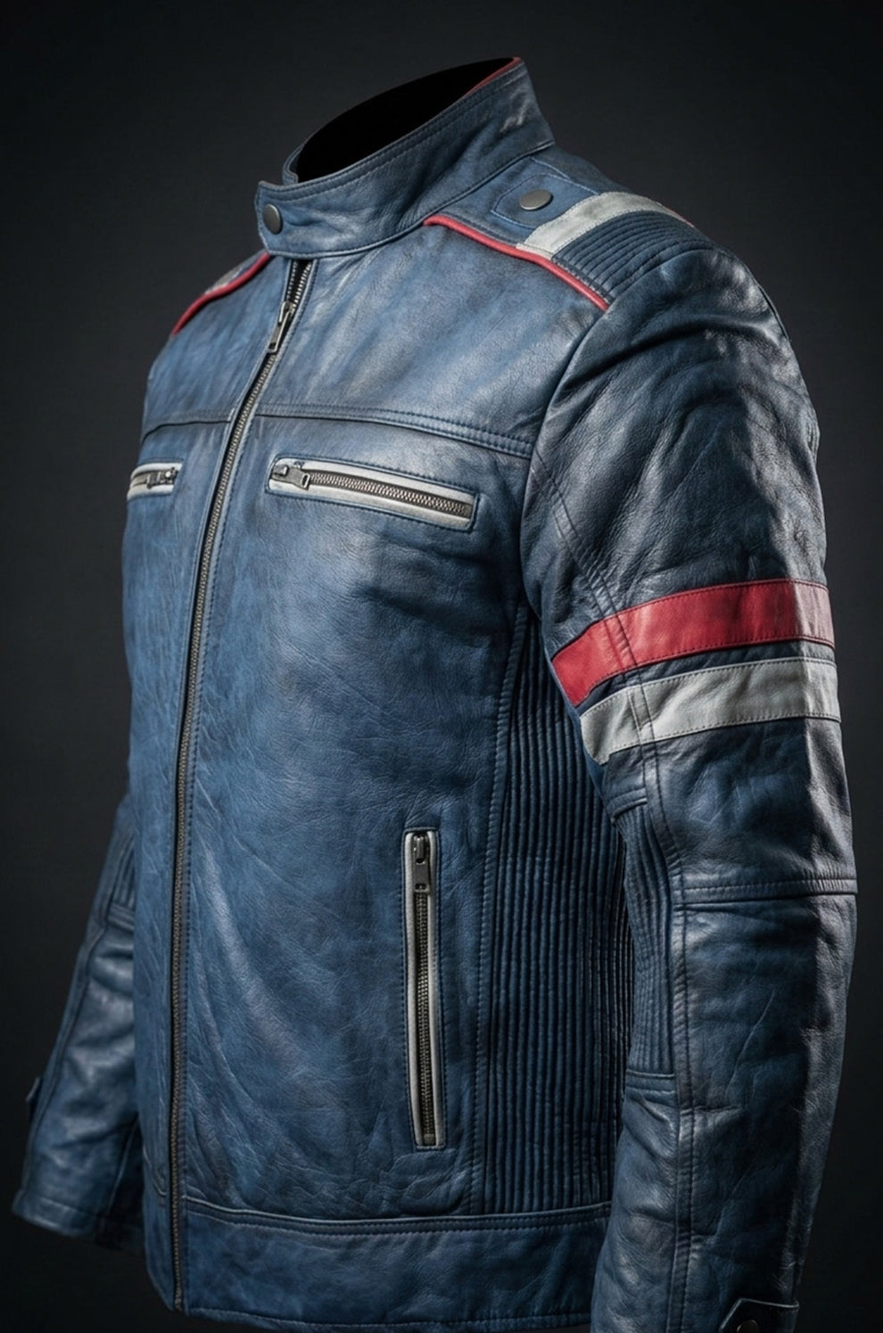 Blue Cafe Racer Vintage Biker Distressed Motorcycle Jacket For Men