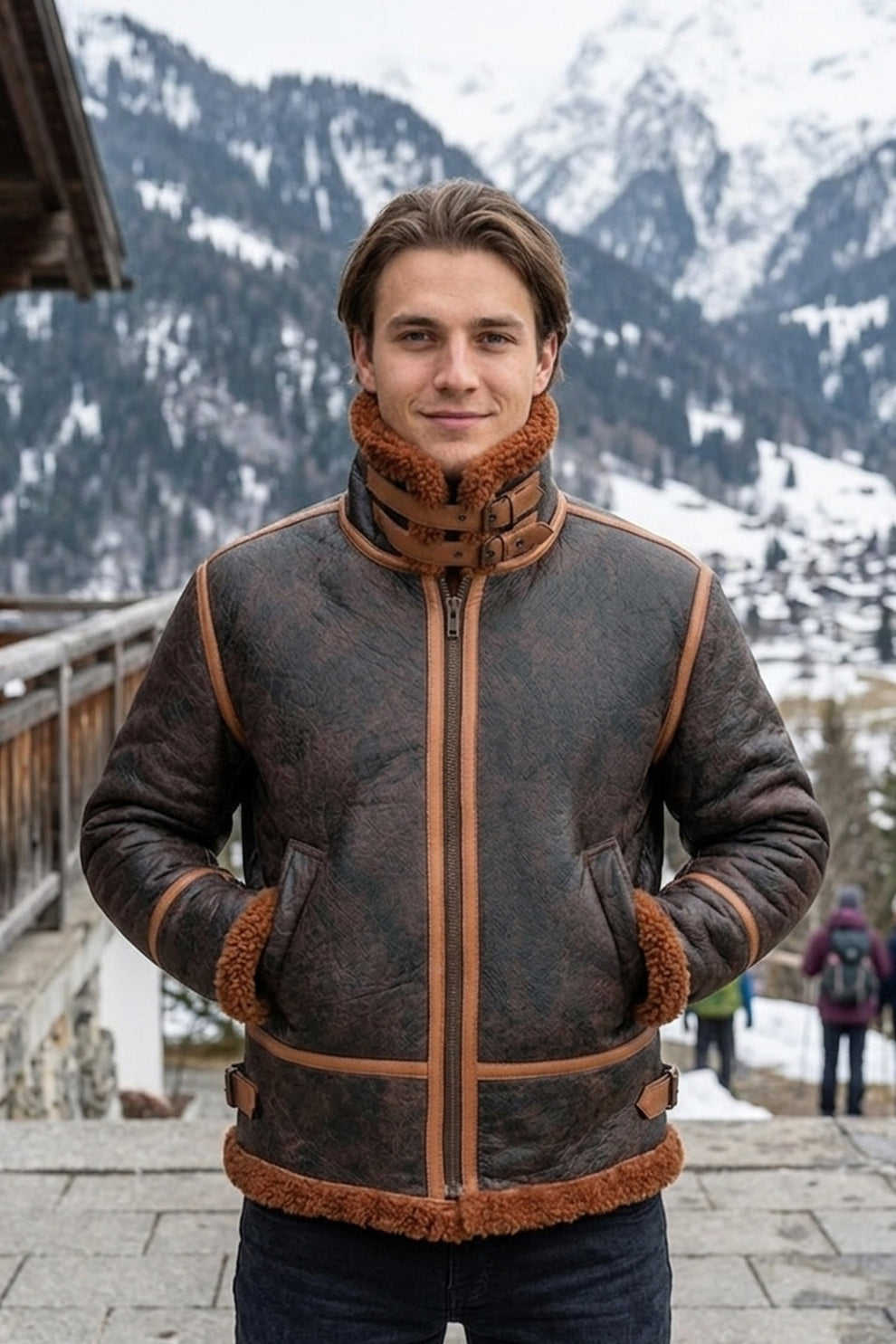 Aviator Jackets\B022 RAF Brown Shearling Winter Fashion Bomber Aviator Jacket