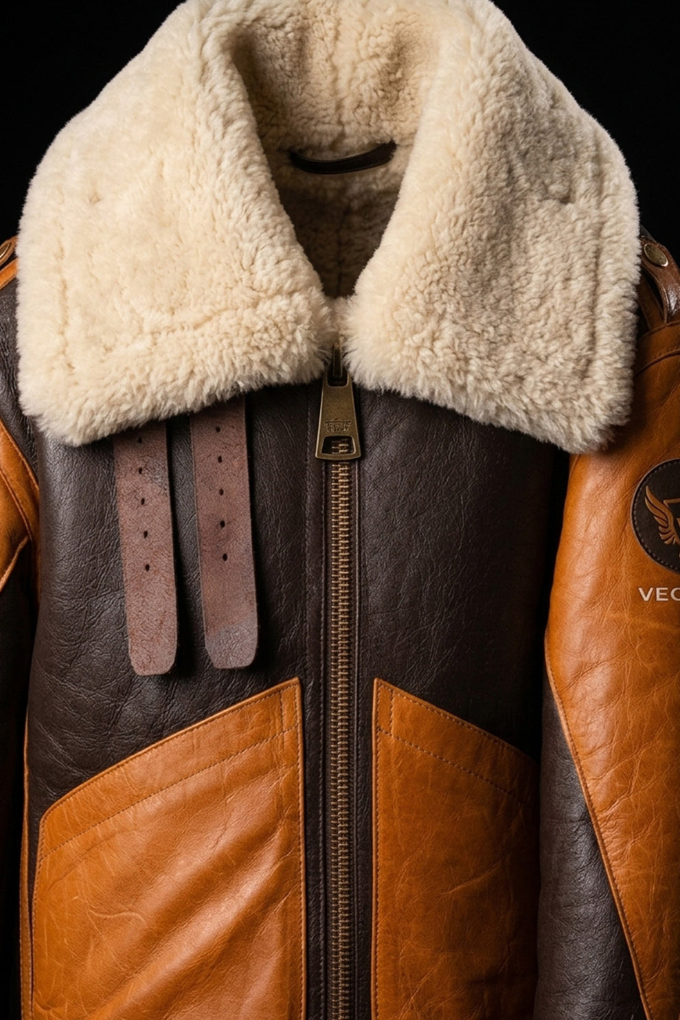 Aviator Jackets\B016 Two Tone RAF Bomber Brown Real Sheepskin Shearling Men's Jacket