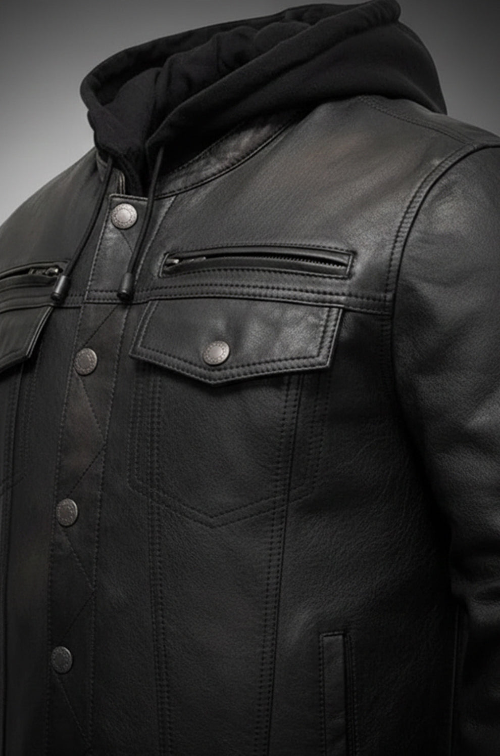 Biker Black Hood Motorcycle Coat Latest Men's Real Leather Jacket