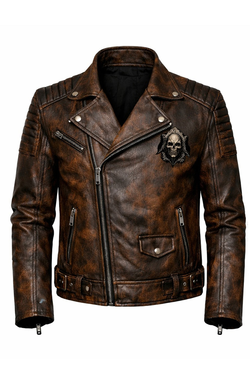 Men's Print Jackets MP002 Death Rider Vintage Leather Jacket - Skull & Smoke Biker Design