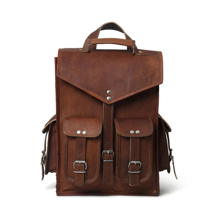 Vintage Brown Leather Backpack Front View