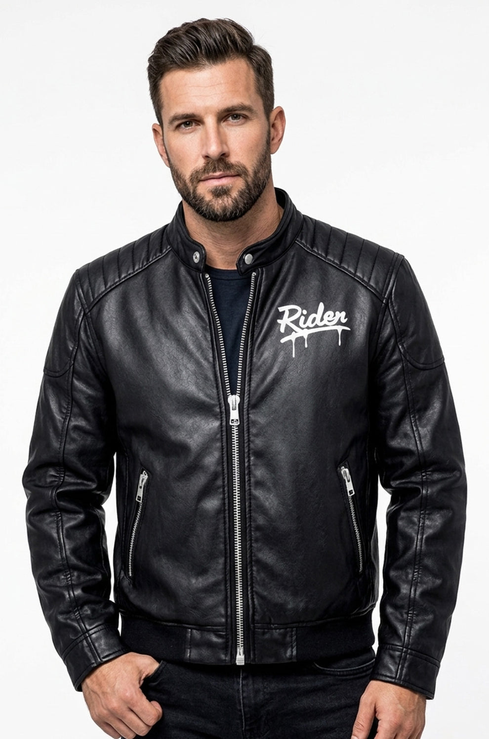 Men's Print Jackets\MP014 Urban Riders Graffiti Skull Leather Jacket - Street Art Bomber Style