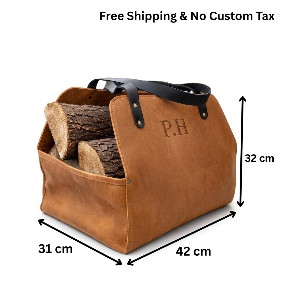 Personalized Leather Log Carrier, Firewood Tote, Engraved Log Holder, Fireplace Wood Carrier, Leather Firewood Bag, Hearth Gift, Christmas