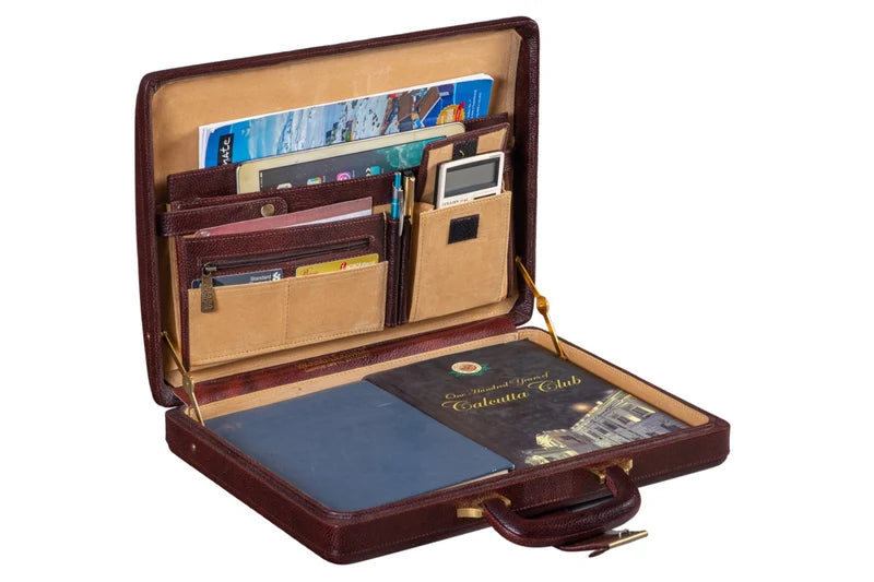 Executive Men's Leather Attache Briefcase BrownCherry Red