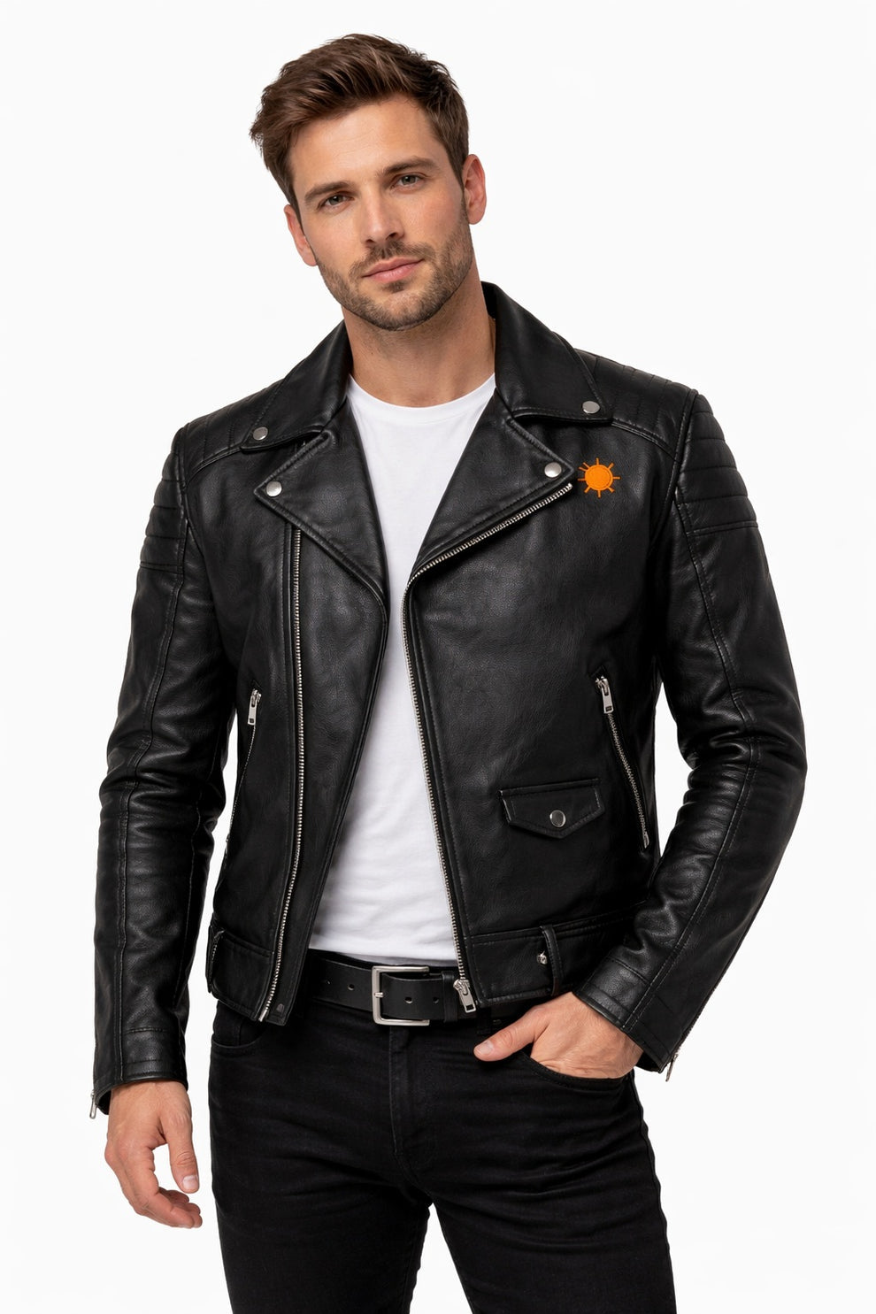 Men's Print Jackets\MP013 Western Sunset Desert Nights Retro Leather Biker Jacket - Vintage Cactus Design