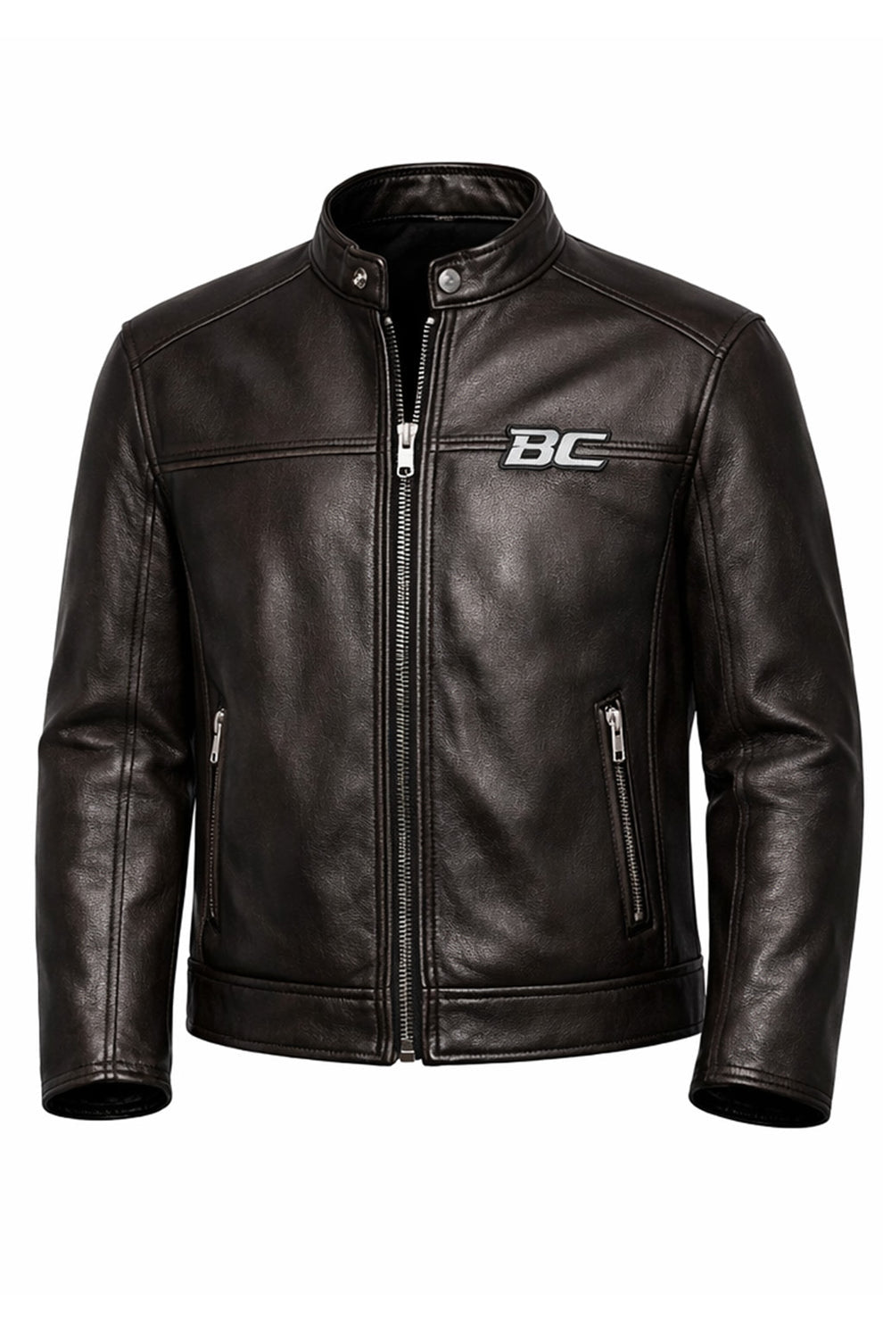 Men's Print Jackets\MP012 Biker Club V-Twin Engine Leather Jacket - Winged Motor Graphic Cafe Racer