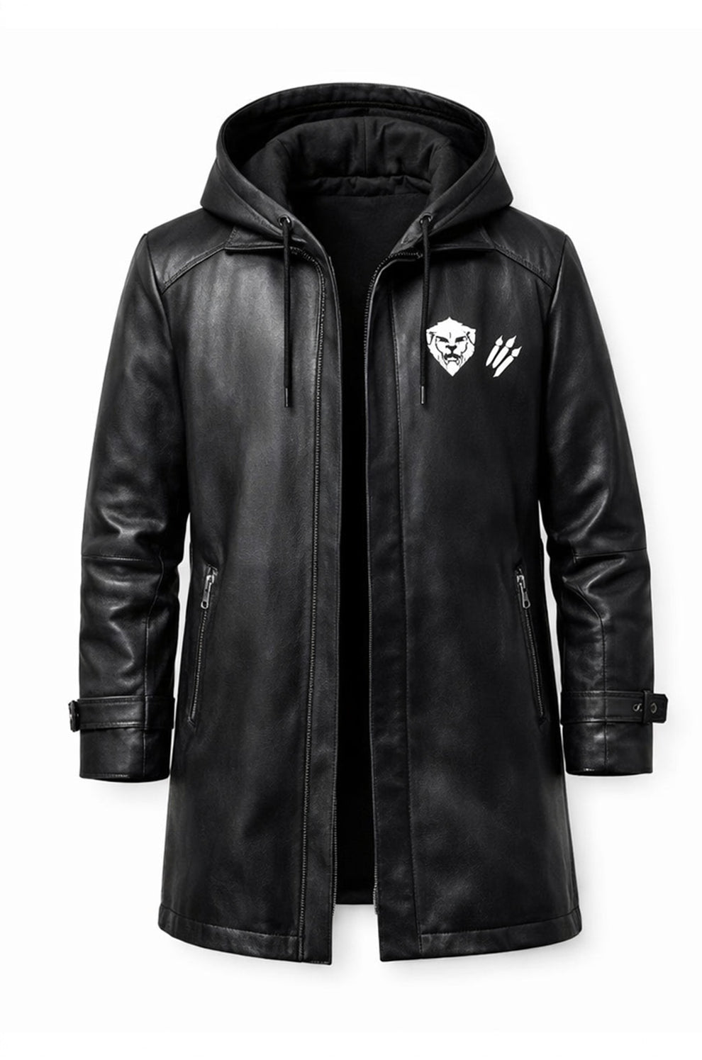 Men's Print Jackets\MP008 Hear Me Roar Lion Graphic Hooded Leather Coat - Men's Long Black Trench Jacket