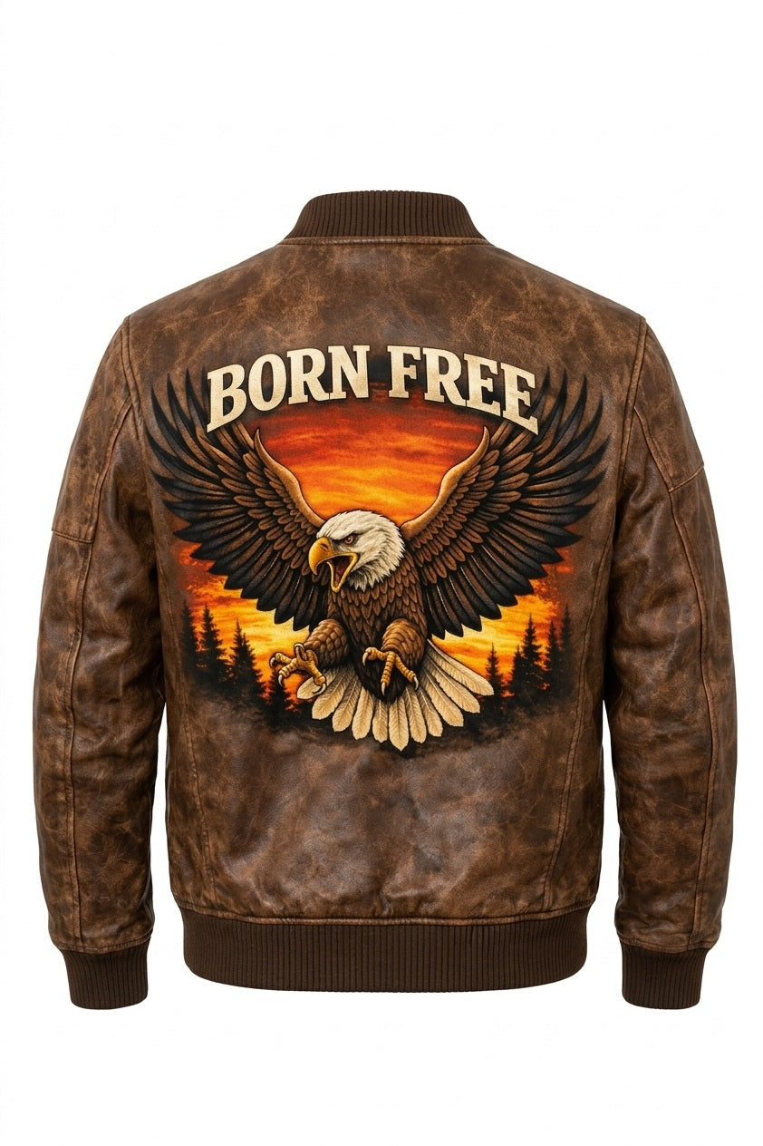 Men's Print Jackets MP009 Born Free Eagle Vintage Leather Bomber Jacket - Patriotic Bald Eagle Flight Jacket