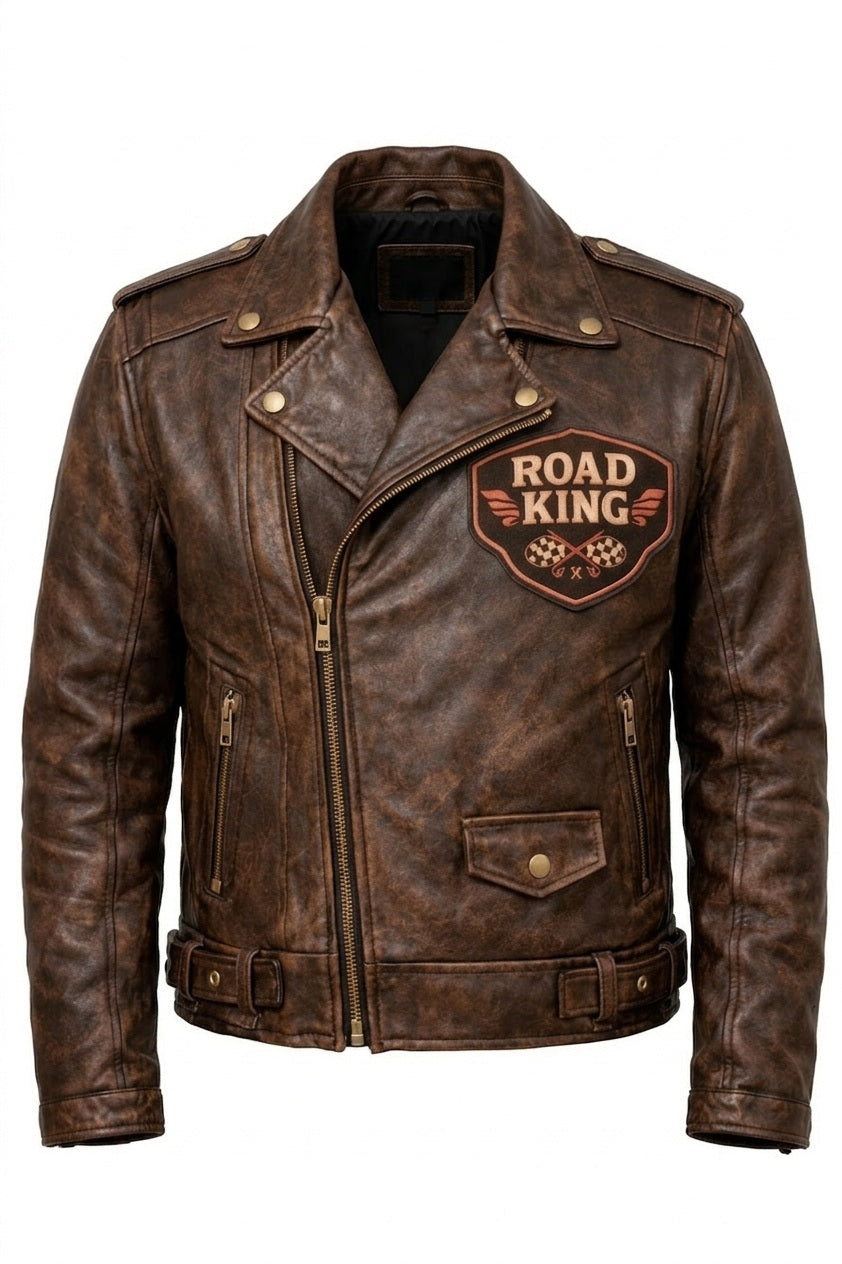 Men's Print Jackets\MP007 Road King Vintage Leather Jacket - Winged Skull & Ride to Live Biker Design
