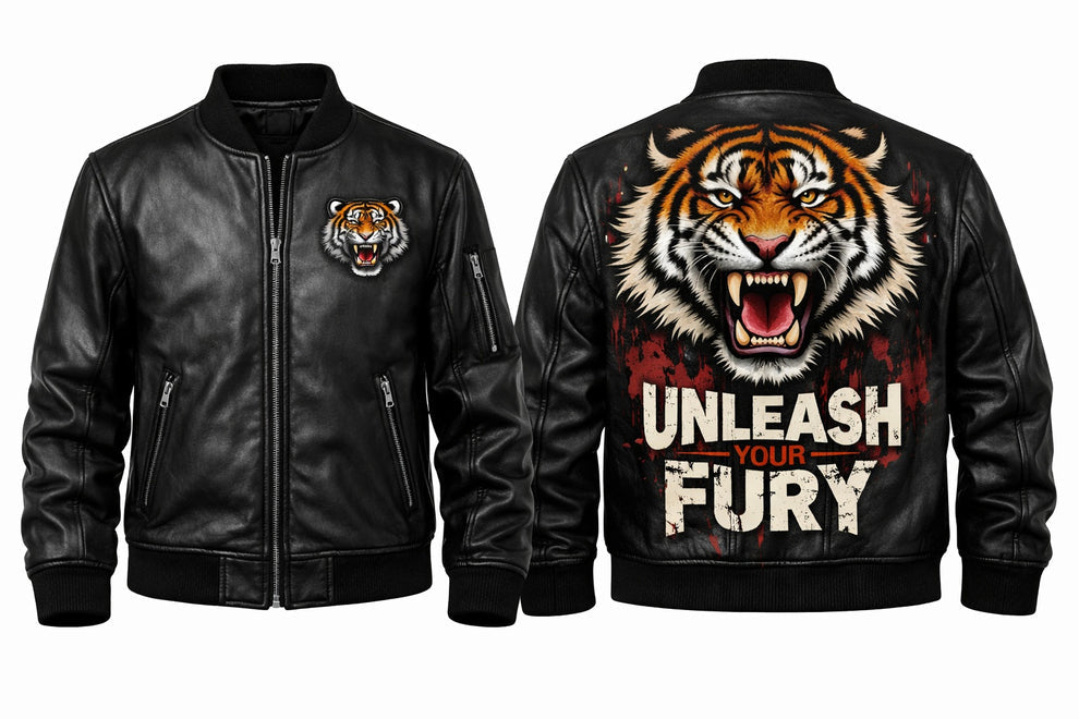 Men's Print Jackets\MP010 Unleash Your Fury Tiger Leather Bomber Jacket - Men's Aggressive Graphic Flight Jacket